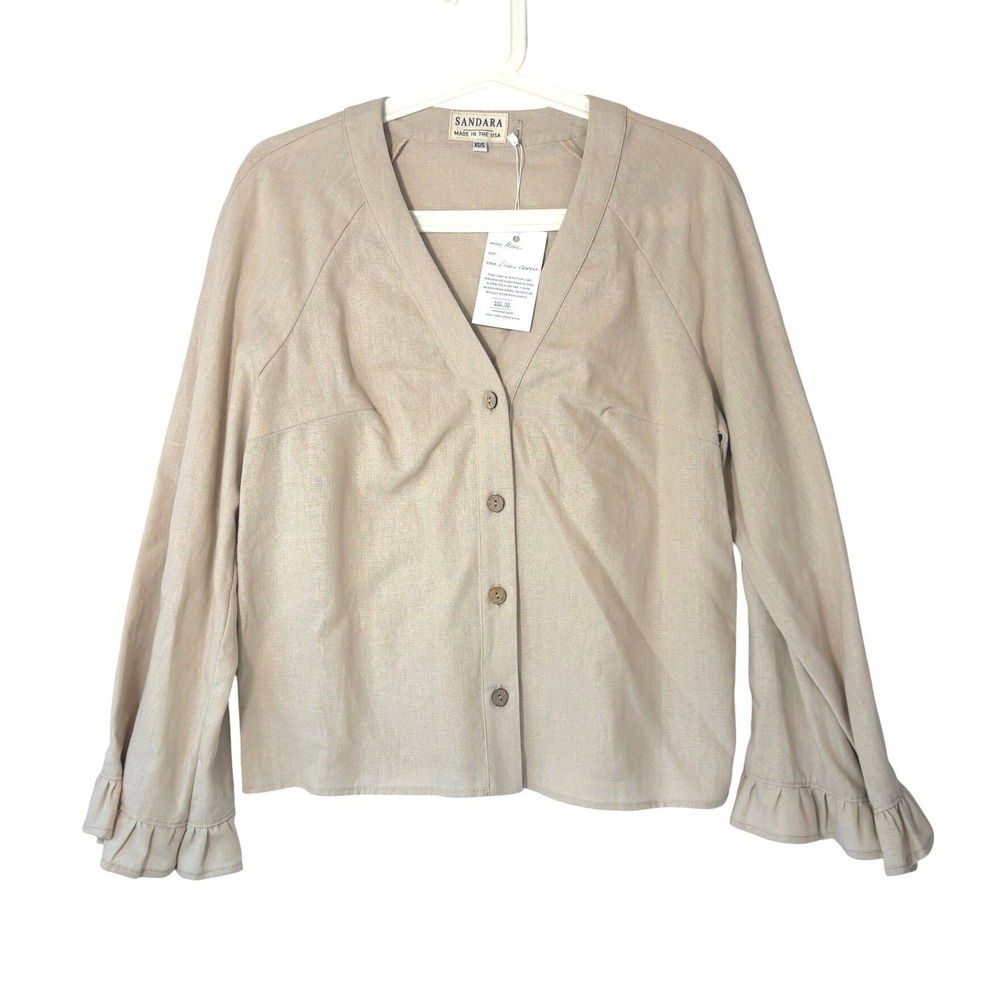 Sandara Mona Linen Blend Ruffle Sleeve Jacket Beige Pajama Blazer XS/S NWT